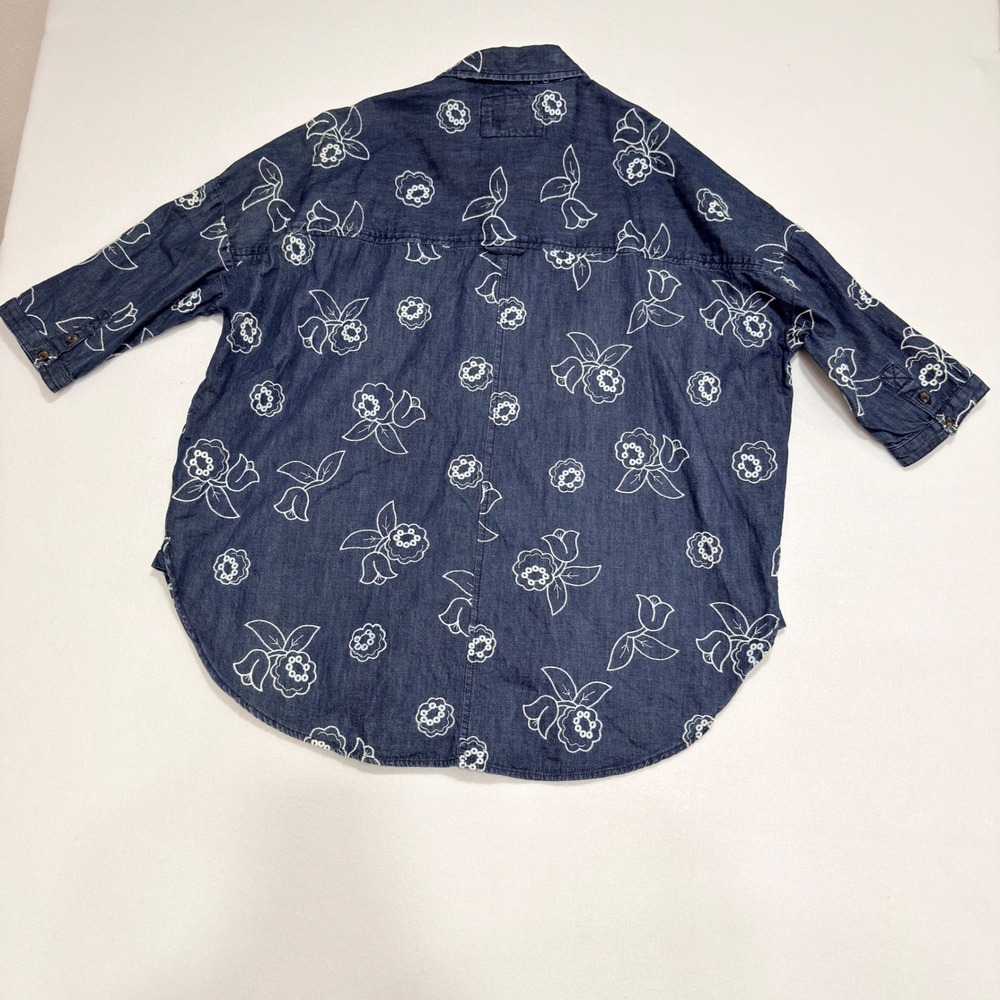 Maeve Anthropologie Denim Shirt M/L Blue Floral Cottagecore Boho Rustic Peasant - Picture 3 of 9